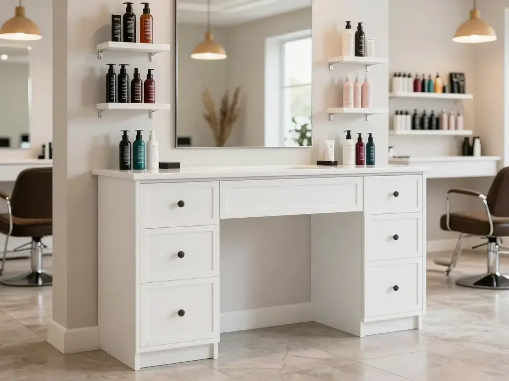 Custom salon styling station cabinets in Miami, FL